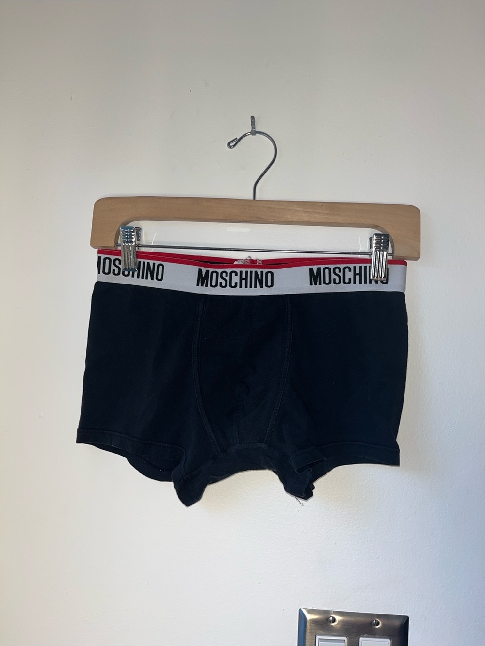 Moschino Black Boxer Briefs with White Logo Waistband and Red Trim